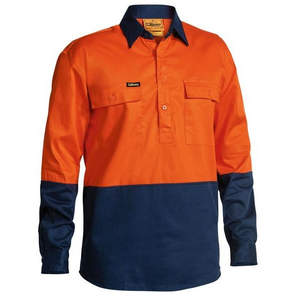 Bisley L/S Front Hi-Vis Cotton Drill Shirt - Closed Front | Button Down Shirts NZ