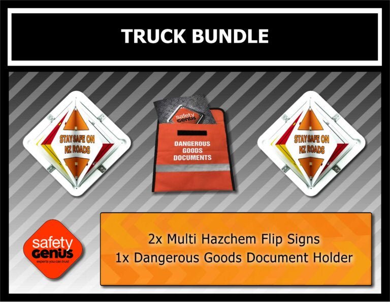 2 x Dangerous Goods Flip Sign (Safety Genius Centre Page Sign) + TS605 DG Document Satchel - Kiwi Workgear