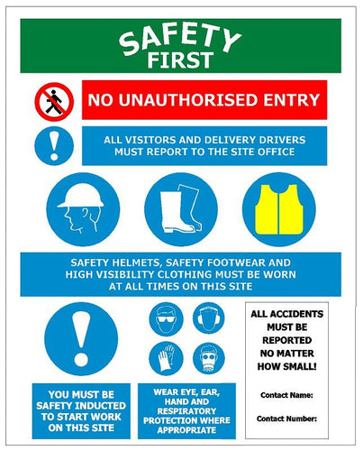 480×600 Construction Site Safety First Board Sign - Kiwi Workgear