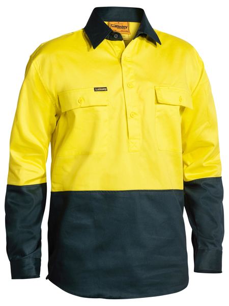 Bisley L/S Front Hi - Vis Cotton Drill Shirt - Kiwi Workgear