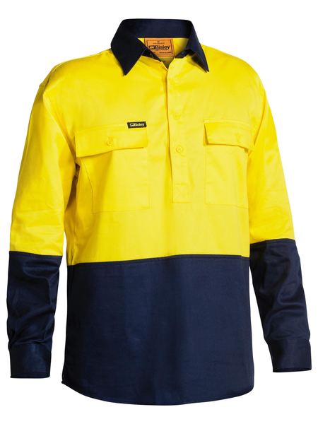 Bisley L/S Front Hi - Vis Cotton Drill Shirt - Kiwi Workgear