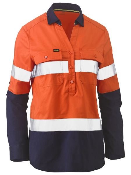 BISLEY WOMENS TAPED HI VIS STRETCH V-NECK CLOSED FRONT SHIRT - Kiwi Workgear