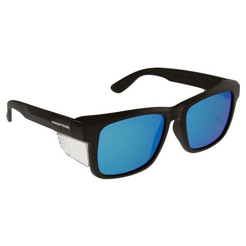 SAFETY GLASSES FRONTSIDE POLARISED BLUE REVO LENS WITH BLACK FRAME - Kiwi Workgear