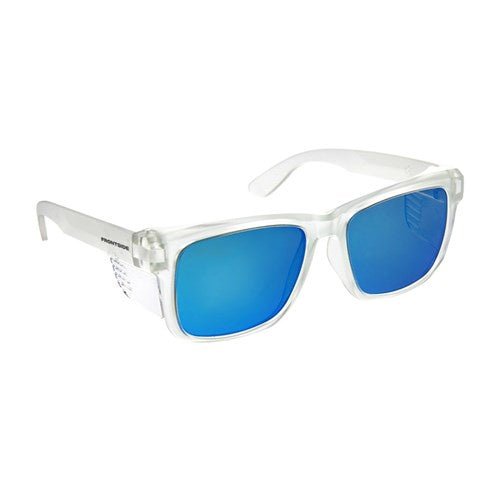 SAFETY GLASSES FRONTSIDE POLARISED BLUE REVO LENS WITH CLEAR FRAME - Kiwi Workgear